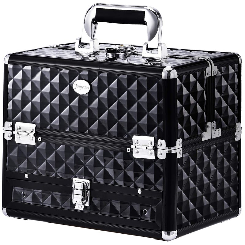 Joligrace Makeup Train Cases Professional Travel Makeup Cosmetic Cases Organizer Portable Box with Drawer Black - Image 1